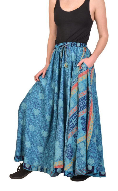 Sanu Babu Multibarevná dlouhá sukně z recyklovaných sárí na gumu, šnůrka, kapsy (1J) FREE