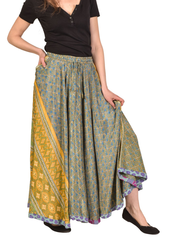 Sanu Babu Multibarevná dlouhá sukně z recyklovaných sárí na gumu, šnůrka, kapsy (1K) FREE