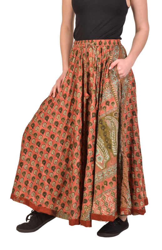 Sanu Babu Multibarevná dlouhá sukně z recyklovaných sárí na gumu, šnůrka, kapsy (1L) FREE