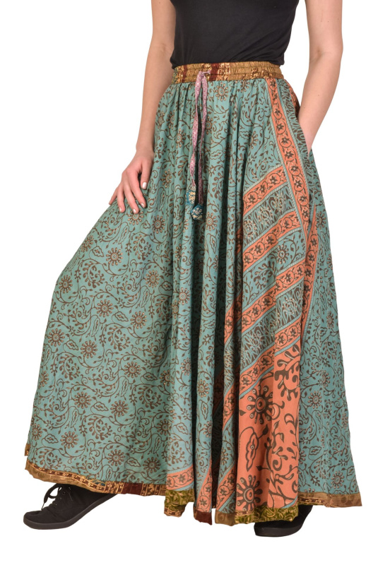 Sanu Babu Multibarevná dlouhá sukně z recyklovaných sárí na gumu, šnůrka, kapsy (1N) FREE