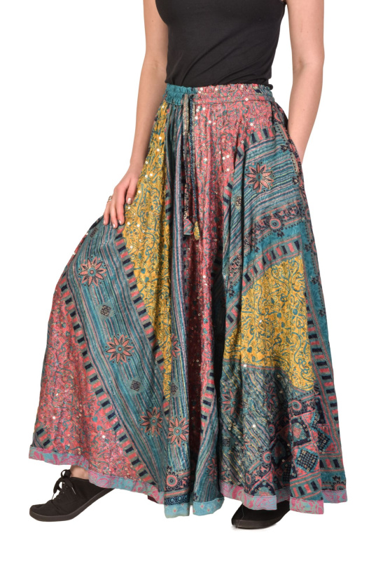 Sanu Babu Multibarevná dlouhá sukně z recyklovaných sárí na gumu, šnůrka, kapsy (1S) FREE