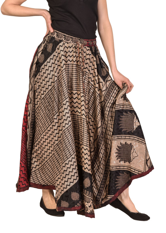 Sanu Babu Multibarevná dlouhá sukně z recyklovaných sárí na gumu, šnůrka, kapsy (1V) FREE