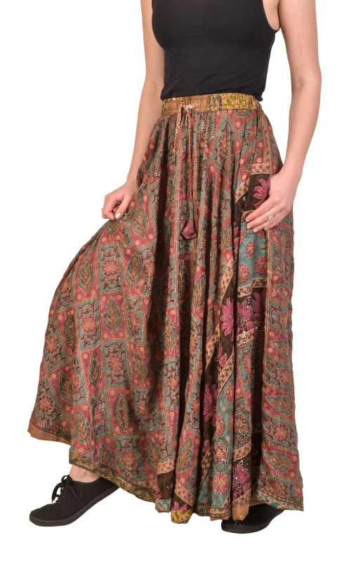 Sanu Babu Multibarevná dlouhá sukně z recyklovaných sárí na gumu, šnůrka, kapsy (1W) FREE