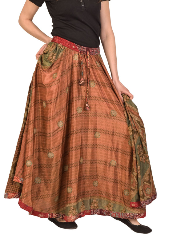 Sanu Babu Multibarevná dlouhá sukně z recyklovaných sárí na gumu, šnůrka, kapsy (1X) FREE