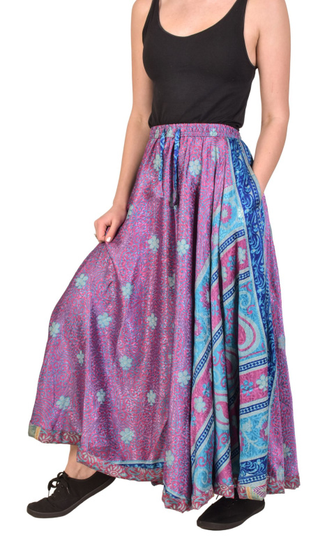 Sanu Babu Multibarevná dlouhá sukně z recyklovaných sárí na gumu, šnůrka, kapsy (1Y) FREE