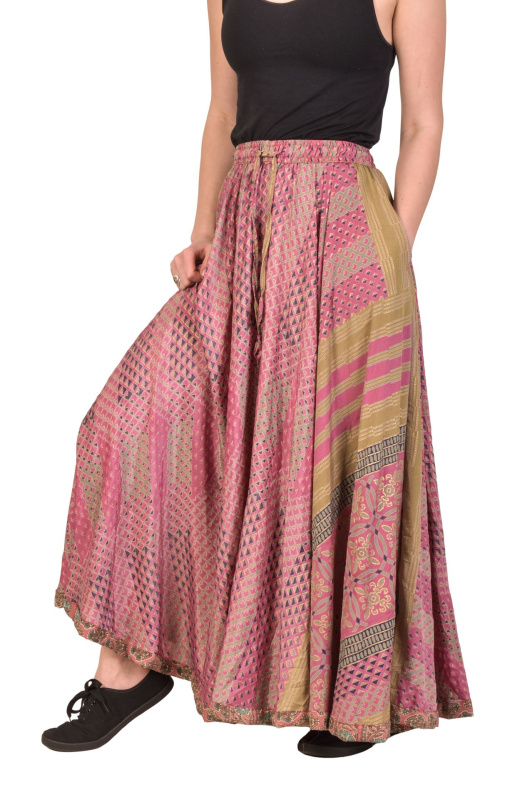 Sanu Babu Multibarevná dlouhá sukně z recyklovaných sárí na gumu, šnůrka, kapsy (1Z) FREE