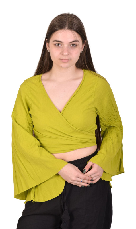 Sanu Babu Krátká halena s dlouhým rukávem do zvonu, zavazovací, limetkově zelená FREE