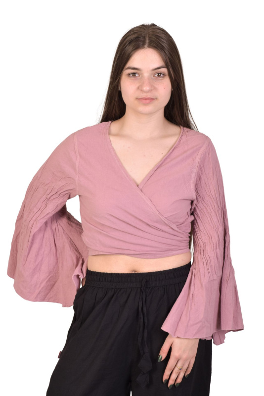 Sanu Babu Krátká halena s dlouhým rukávem do zvonu, zavazovací, růžová FREE , Růžová