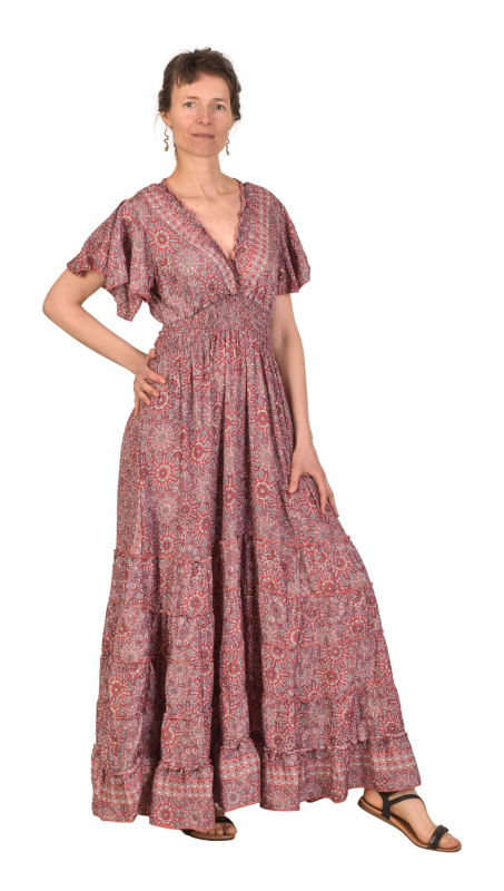 Sanu Babu Dlouhé šaty s krátkým rukávem, barevný potisk, guma a šňůrka FREE