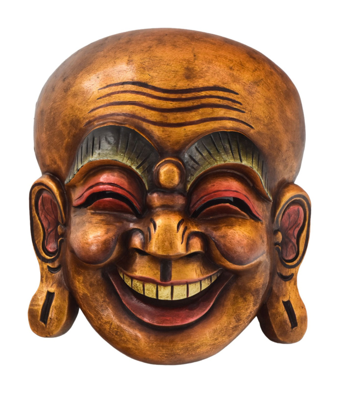 Sanu Babu Dřevěná maska, smějící se Buddha, ručně malovaný, 33cm