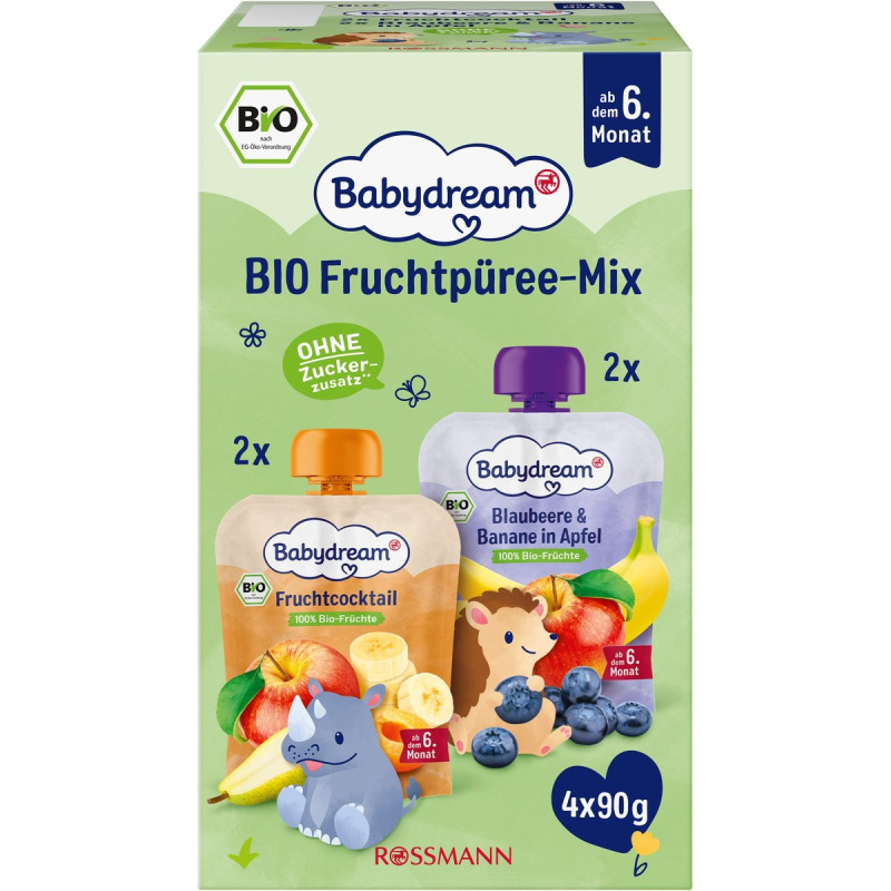 Babydream BIO Ovocný příkrm jablko, borůvka a banán + jablko, hruška, banán a meruňka (4×90 g)