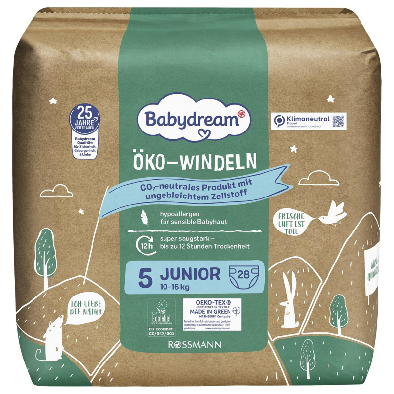 Babydream Jednorázové ekologické plenky junior, vel. 5 (10–16 kg)