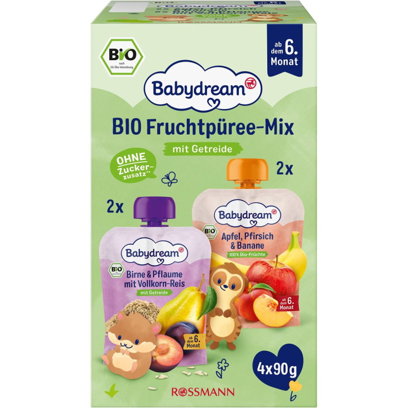 Babydream BIO Ovocné příkrmy jablko, broskev, banán + hruška, švestka, rýže (4×90 g)