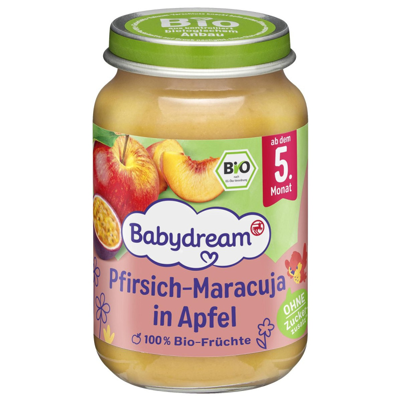 Babydream BIO Ovocné pyré jablko, broskev a marakuja