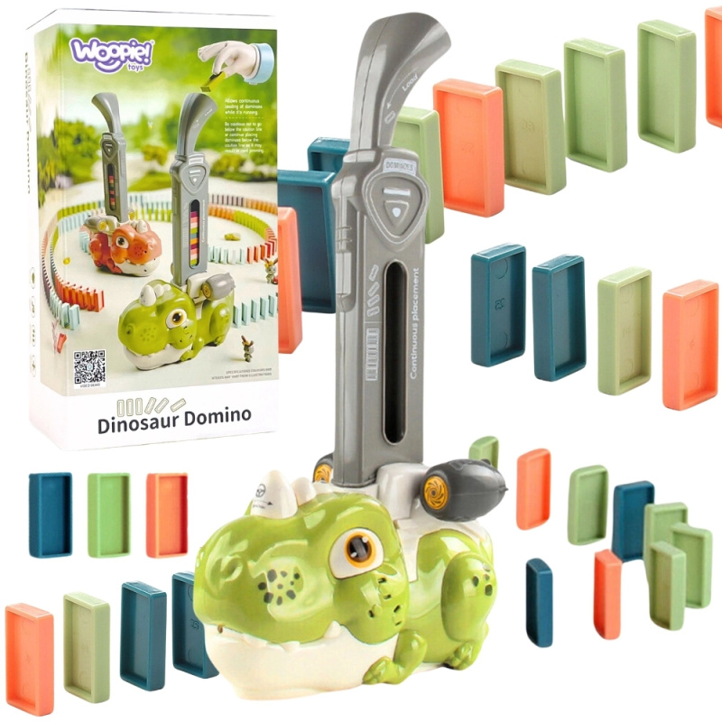 Interaktivní zelený dinosaurus WOOPIE s elektrickým vláčkem a dominem