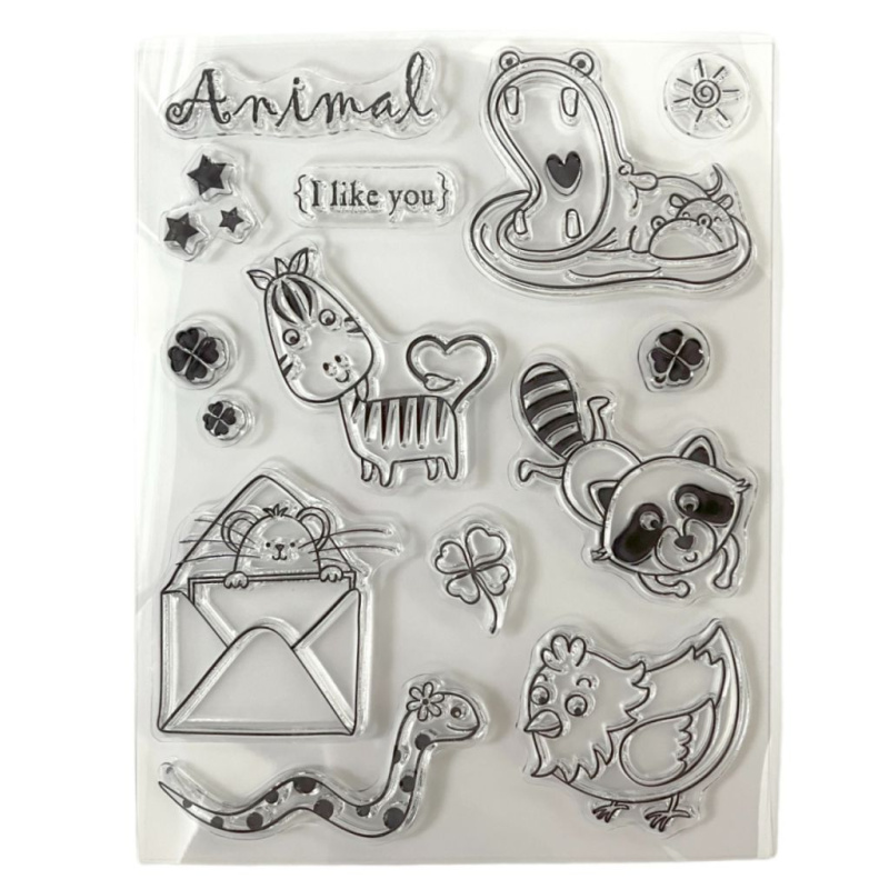 Zvířátka a nápisy - silikonová gelová razítka (14ks)