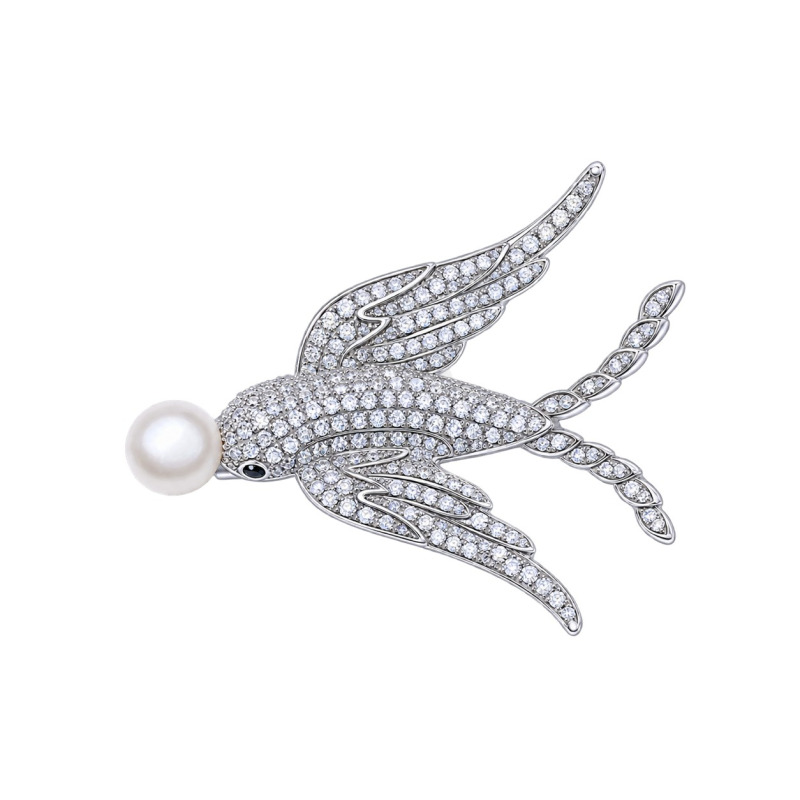 JwL Luxury Pearls Stříbrná brož s perlou a zirkony Vlaštovka JL0884