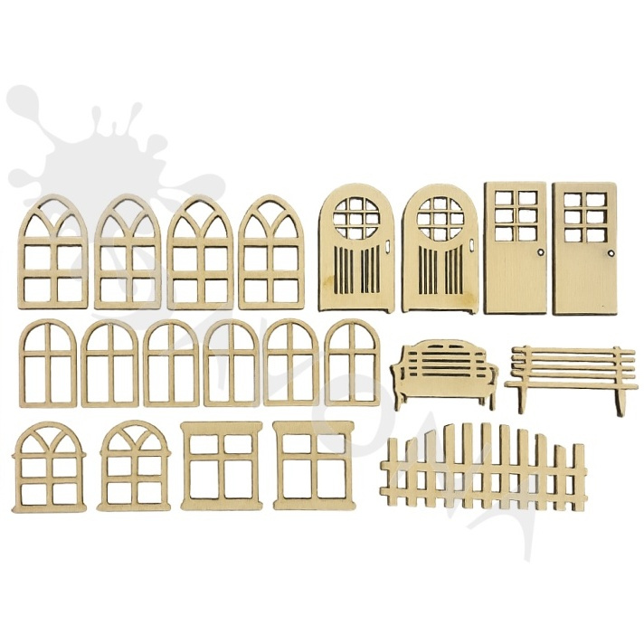 Okna a dveře - dřevěné dekorace (21ks)