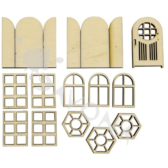 Okna a dveře - dřevěné dekorace (17ks)