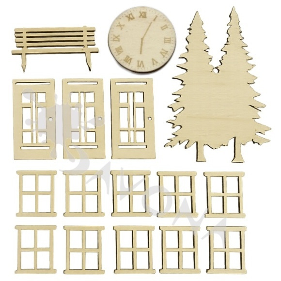 Okna a dveře - dřevěné dekorace (16ks)