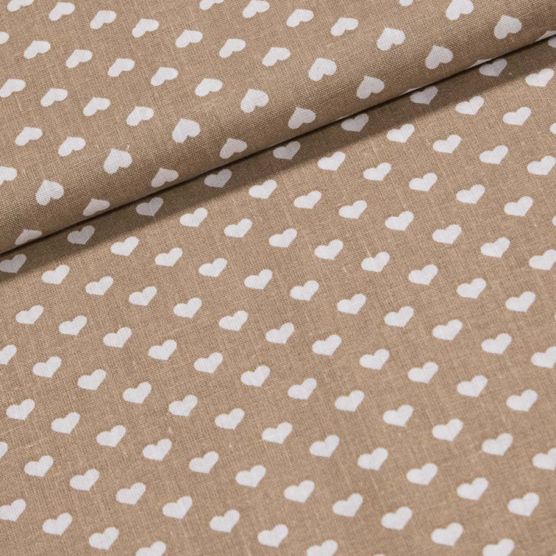 Bavlněné plátno bílá srdíčka na béžové, š.140cm (látka v metráži)