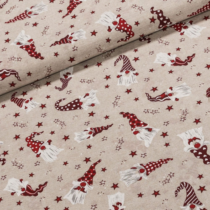 Směsové plátno vánoční GNOMOS ROJO červený skřítek na režné, š.140cm (látka v metráži)