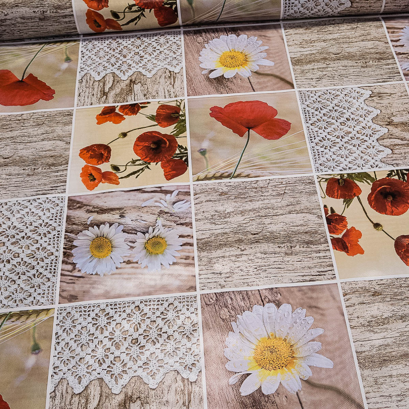 Fantastik ubrus PVC s textilním podkladem 511-1 vlčí máky a krajka na béžovém káru, š.140cm (metráž)