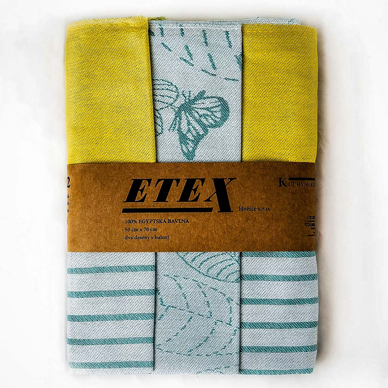 Etex kuchyňské utěrky EGYPTSKÁ BAVLNA U02-A, tyrkysovo-žluté proužky a listy, 3 kusy, 50x70cm
