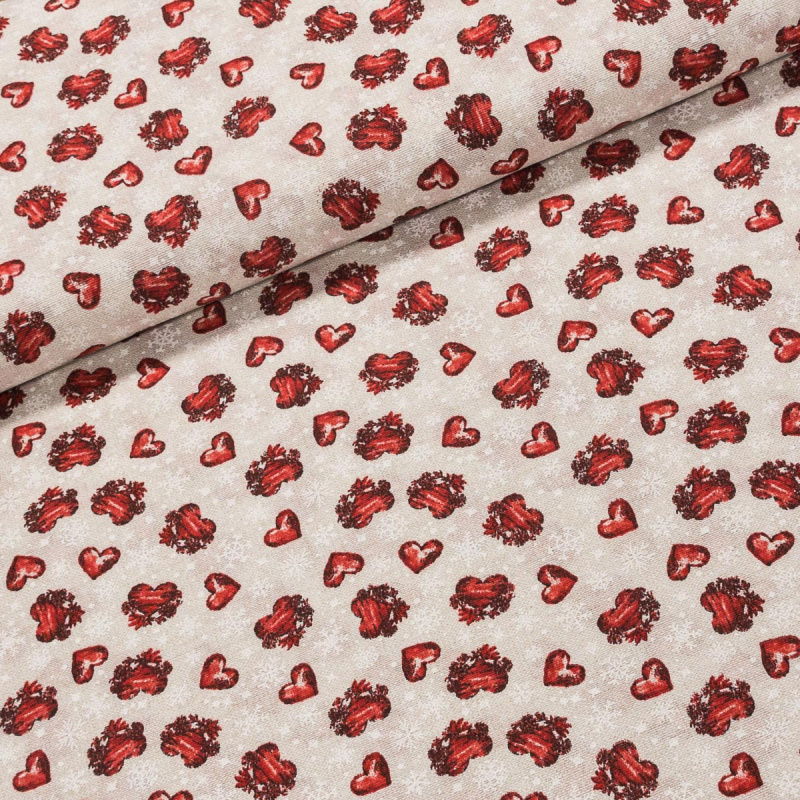 Směsové plátno vánoční VIXEN červená srdíčka na béžové s vločkami, š.140cm (látka v metráži)