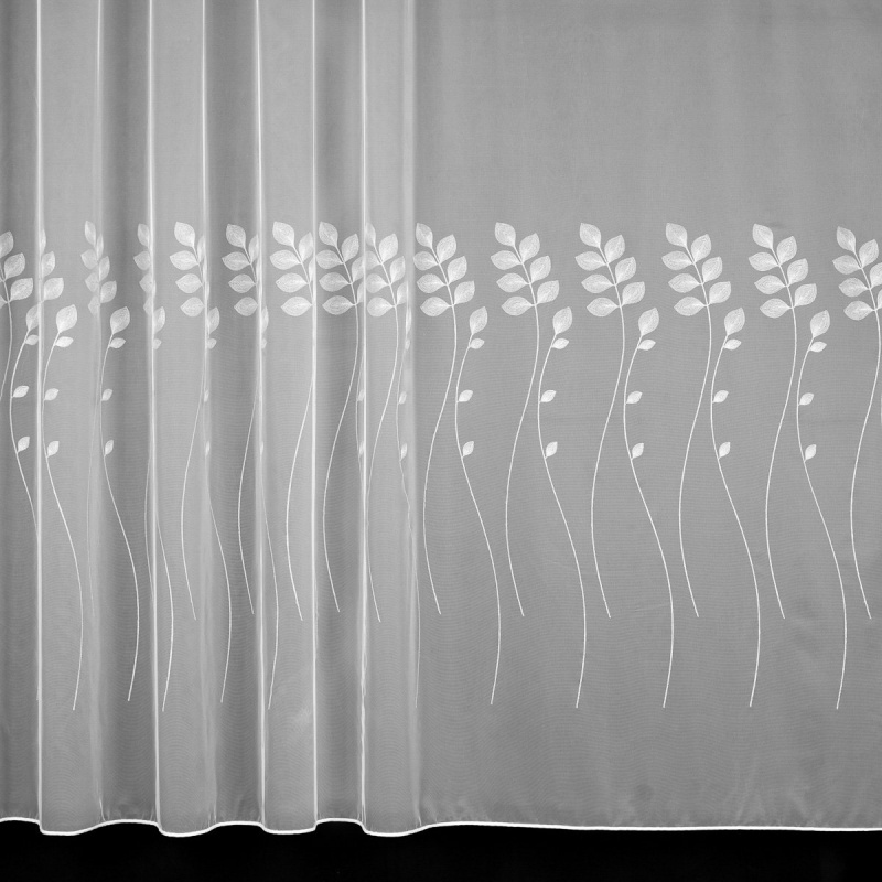 Mantis Organzová záclona 539/500, vyšívané šedé listy, s olůvkem, výška 290cm ( v metráži)