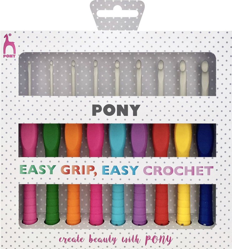 Pony háčky na háčkování EASY GRIP-PONY kovové / hliníkové s gumovou rukojetí 656835, sada 9 velikostí