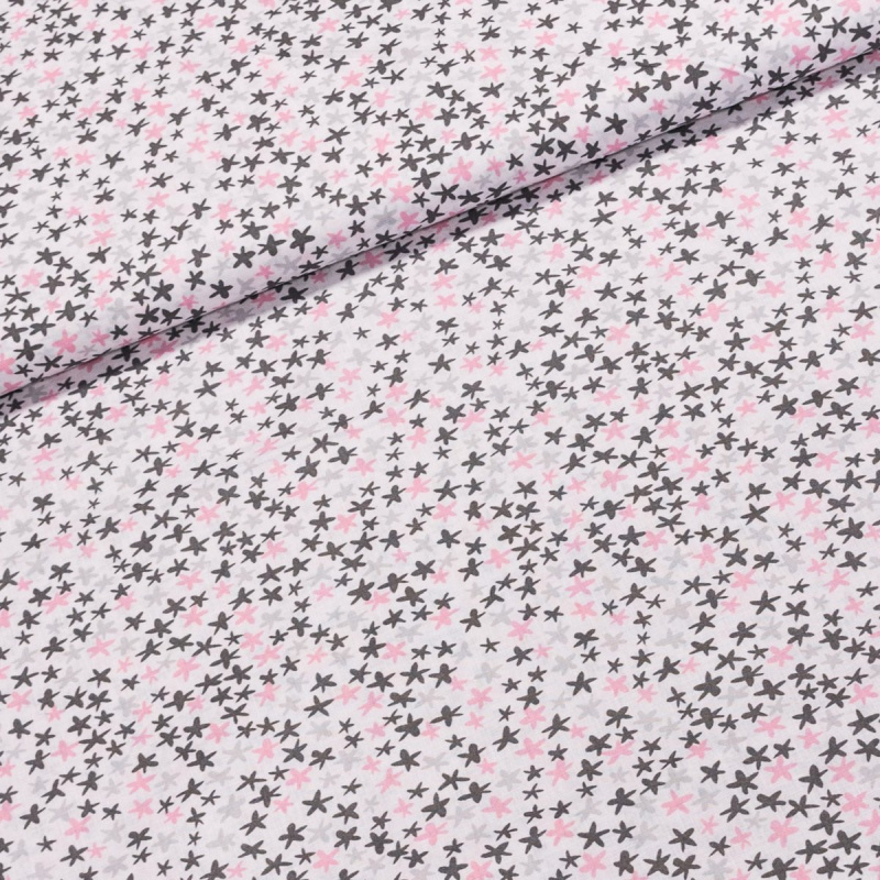 Bavlněné plátno POLO růžové, černé a šedé hvězdičky na bílé, š.140cm (látka v metráži)