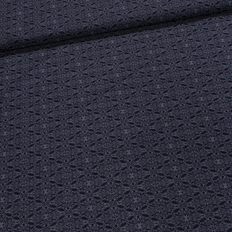 Šatovka směsová 2826 B,  modrá, černý žakárový vzor, š.140cm (látka v metráži)