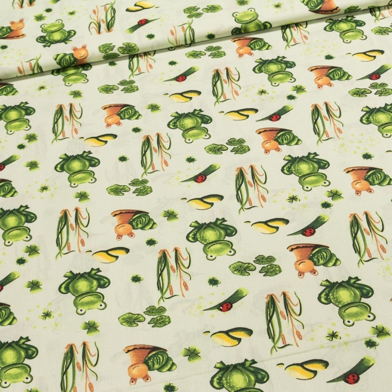 Bavlněné plátno dětské POLO žabky v rákosí na zelené, š.140cm (látka v metráži)
