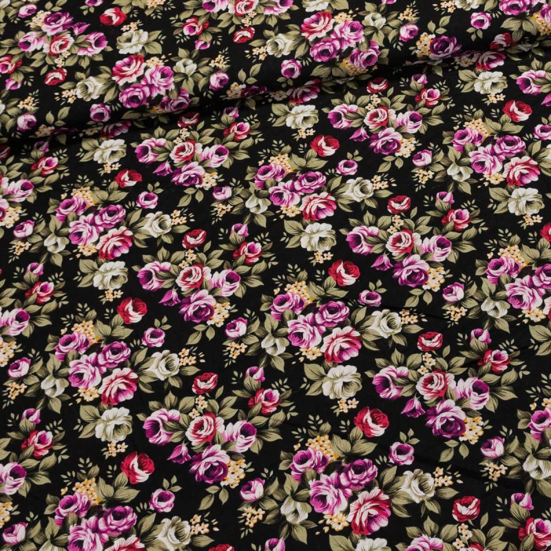 Šatovka bavlněná 0057/01 růžové růžičky na černé, š.145cm (látka v metráži)