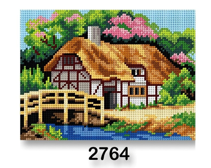 VTC Vyšívací předloha, obrázek na vyšívání 70246/2764, dům jaro 2, hnědo-zelená, 18x24cm