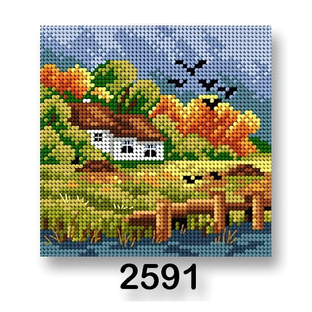 VTC Vyšívací předloha, obrázek na vyšívání 70244/2591, dům podzim 2, zelená, 15x15cm