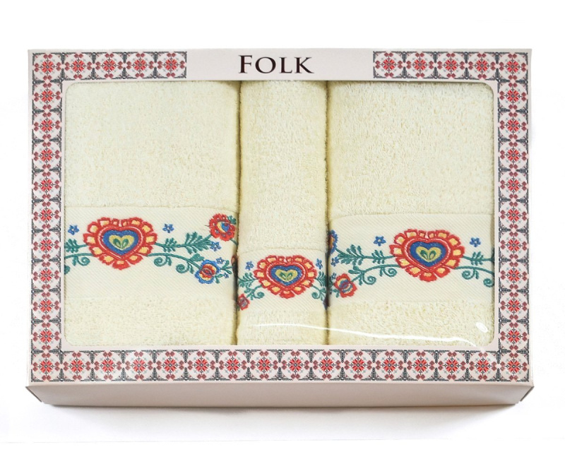 Praktik dárkový set froté ručníků a osušek FOLK 02, 3-dílný, žlutý s výšivkou, 1x 30x50cm + 1x 50x100cm + 1x 70x140cm