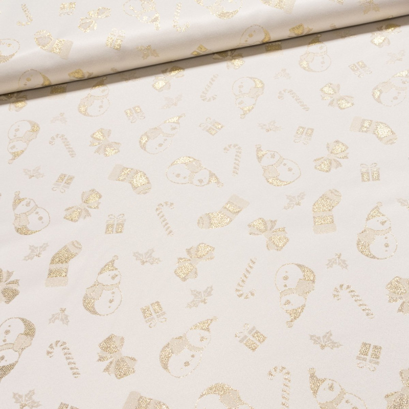Směsové plátno vánoční REGALOS ORO zlatí sněhuláci, lurex, š.140cm (látka v metráži)