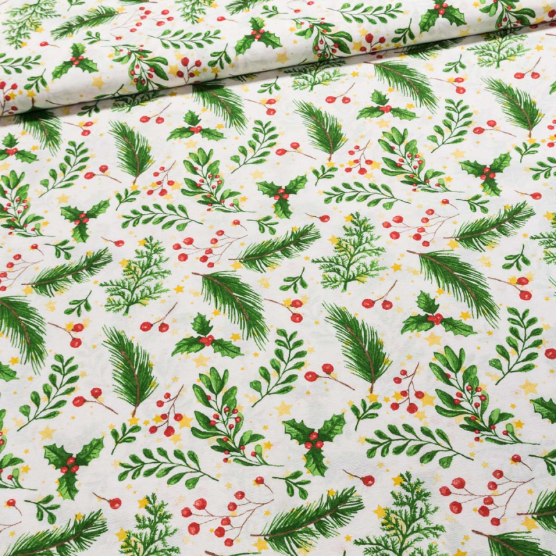 Směsové plátno vánoční DAGO větvičky na bílé, š.140cm (látka v metráži)