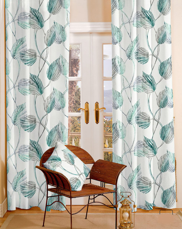 Českomoravská textiilní zatemňovací závěs, blackout POLLUX 06 tyrkysově zelené listy, šířka 150cm (látka v metráži)