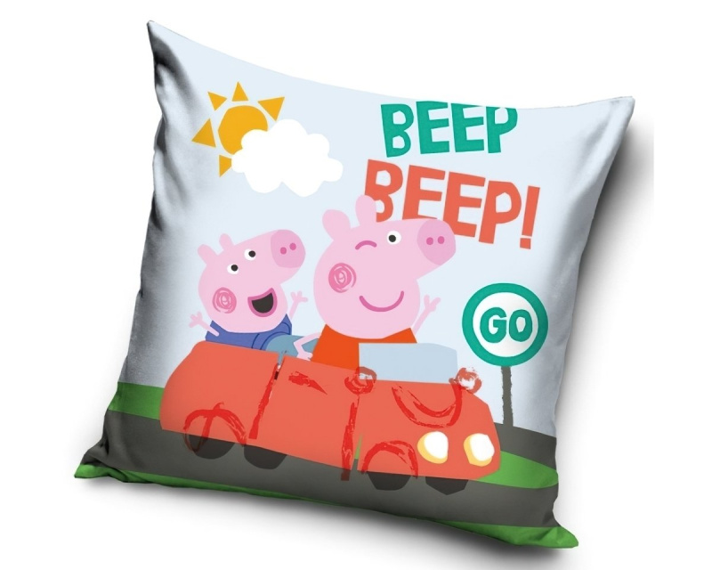 Carbotex dětský polštář PRASÁTKO PEPINA (PEPPA) A TOMÍK V AUTĚ, světle modrý 40x40cm