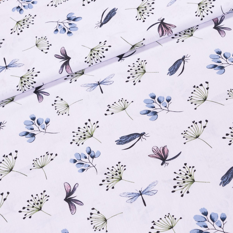 Bavlněné plátno ANIKA vážky a větvičky, modrá, š.160cm (látka v metráži)