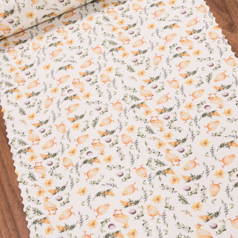 Ubrusovina / štola teflonová úprava, velikonoční KUŘÁTKA, žlutá, š.38cm (metráž)