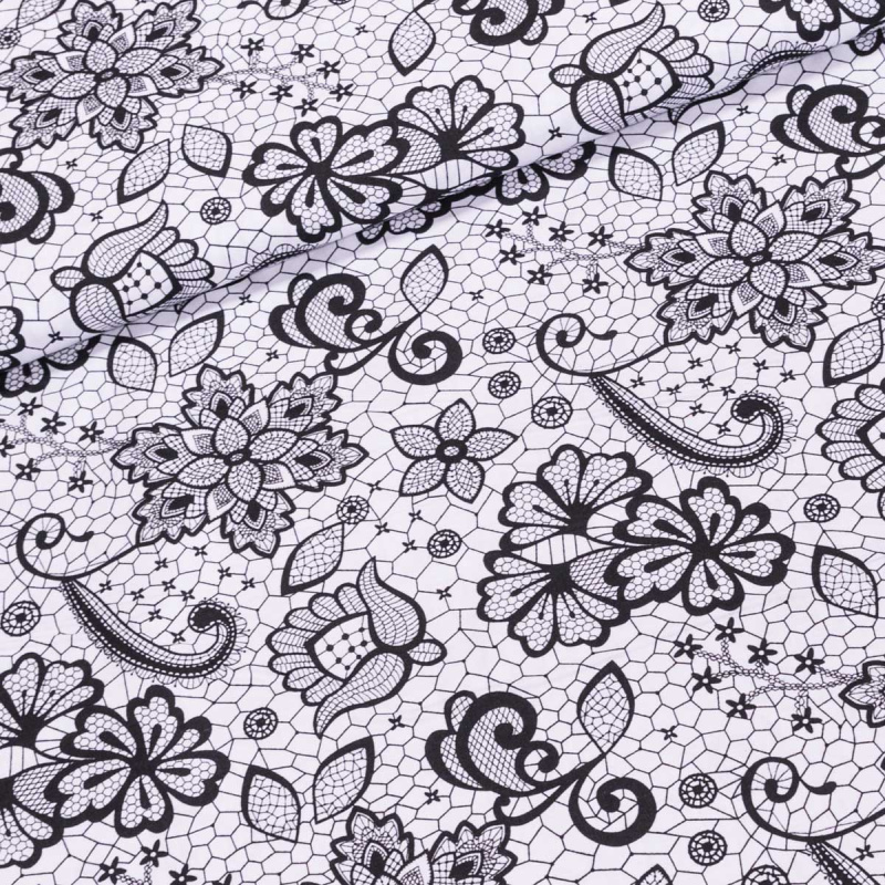 Bavlněné plátno POLO černá krajka na bílé, š.160cm (látka v metráži)