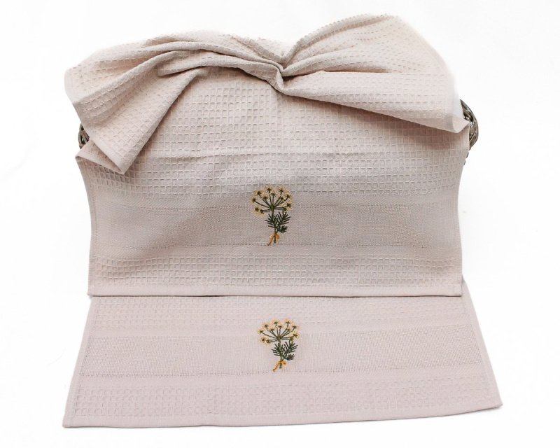 Kuchyňské utěrky KMÍN vaflové vyšívané, béžová, 2 kusy 45x70cm