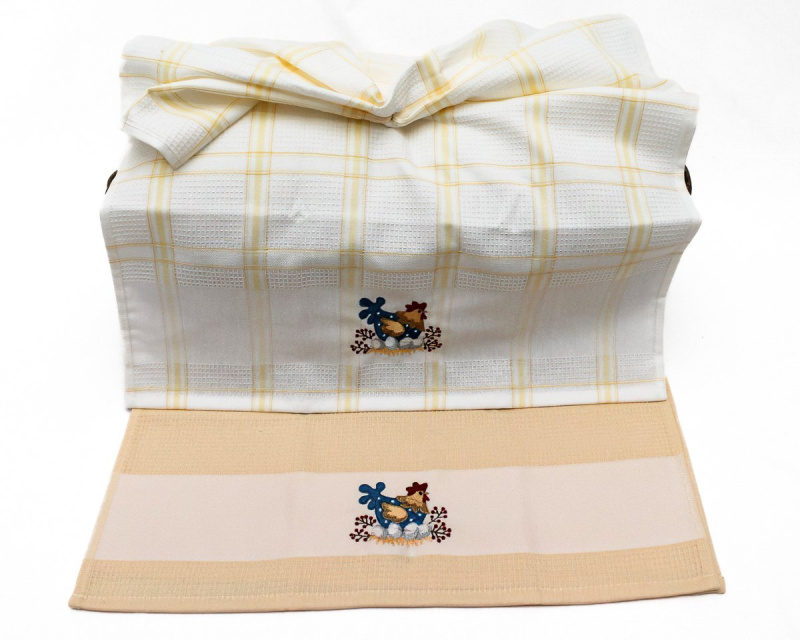 Kuchyňské utěrky velikonoční SLEPIČKA vaflové vyšívané, žluto-bílá, 2 kusy 45x70cm