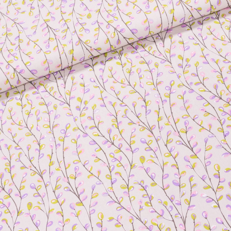 Bavlněné plátno 383722/12, vrbové proutky s barevnými kočičkami, š.140cm (látka v metráži)