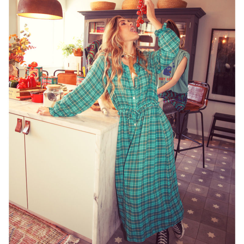 SISTERS DEPARTMENT Dámské  šaty - Green checkered Velikost: S