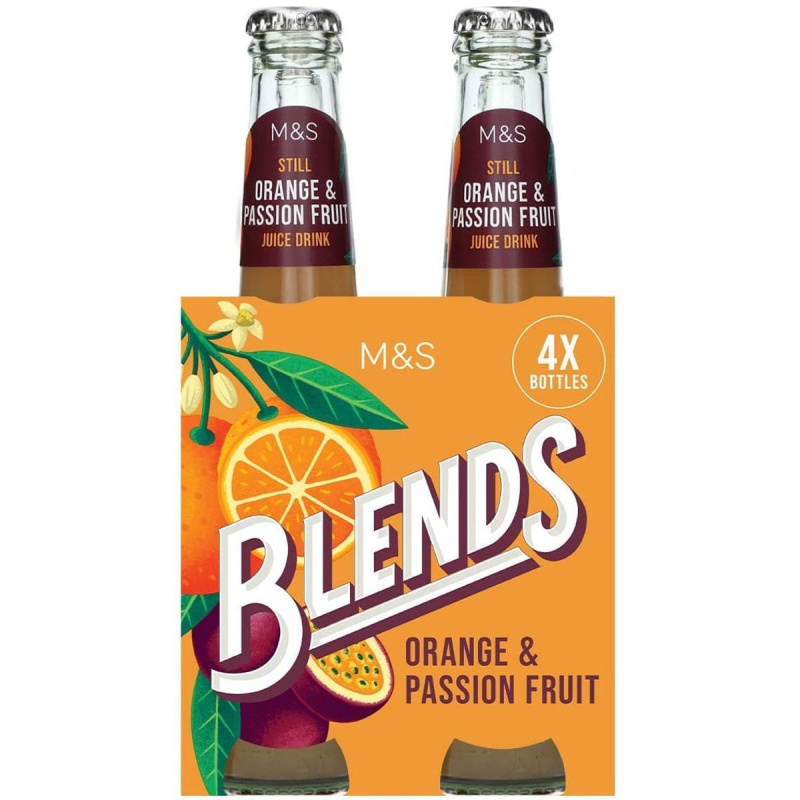 Marks & Spencer Nealkoholický neperlivý nápoj ochucený šťávou z brazilských pomerančů z koncentrátu a koncentrovanou mučenkovou šťávou, s cukrem